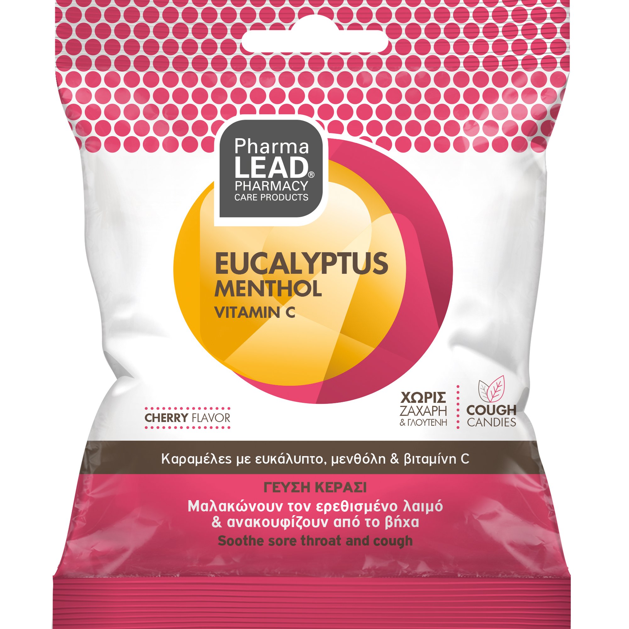 PharmaLead Pharmalead Eucalyptus, Menthol & Vitamin C Sore Throat & Cough Candies Καραμέλες με Ευκάλυπτο, Μενθόλη & Βιταμίνη C που Μαλακώνουν τον Ερεθισμένο Λαιμό & Ανακουφίζουν από το Βήχα με Γεύση Κεράσι 40g