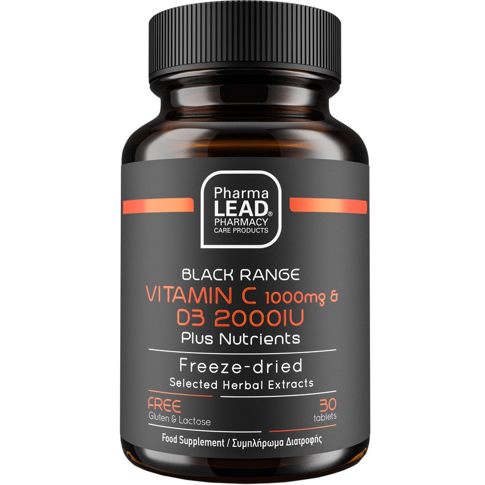 Pharmalead Black Range Vitamin C 1000mg & Vitamin D3 2000IU Συμπλήρωμα Διατροφής Βιταμίνης C, D3 & Εκχυλίσματος Βοτάνων για την Ενίσχυση του Ανοσοποιητικού, Μείωση της Κόπωσης & Αντιοξειδωτική Δράση 30tabs