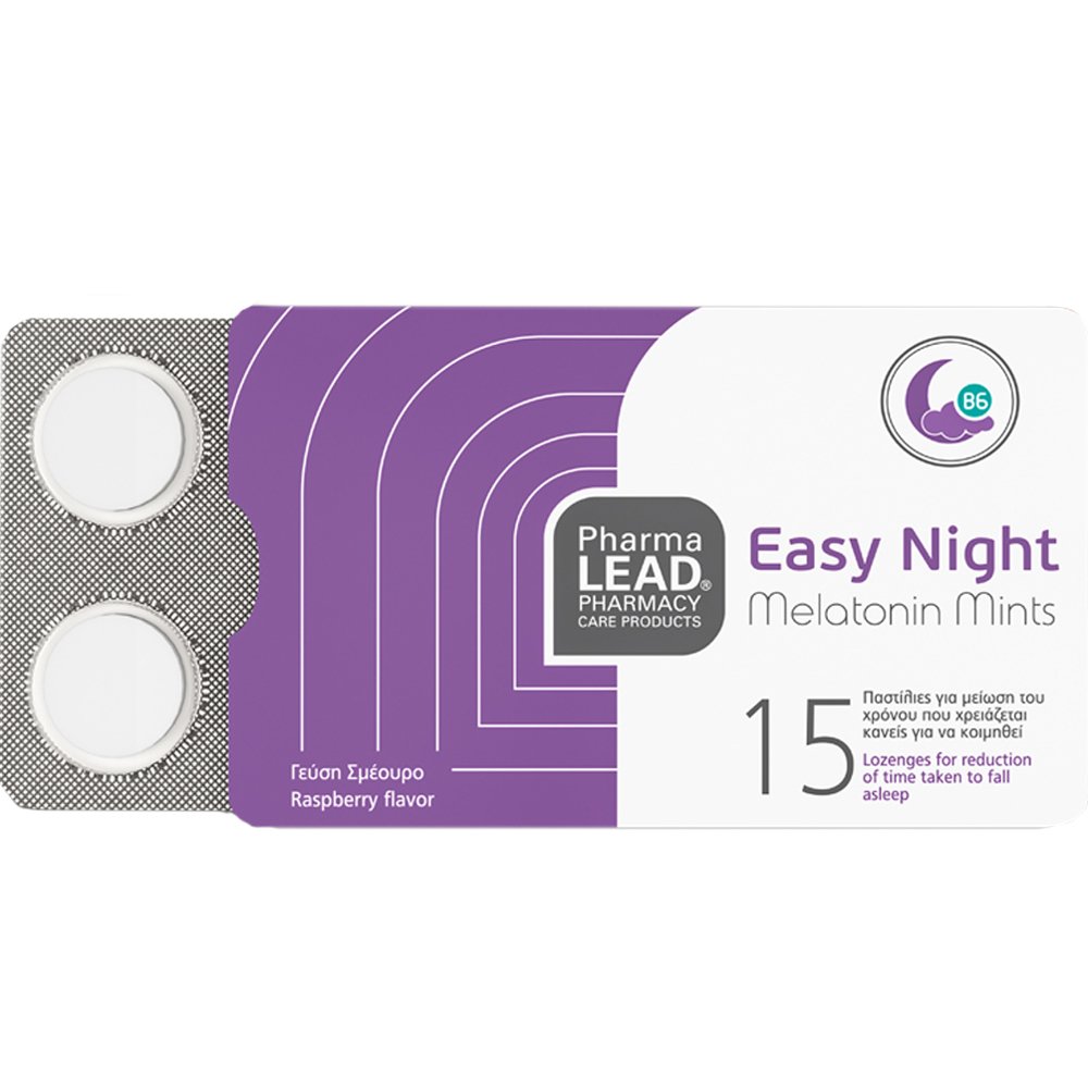 PharmaLead Pharmalead Easy Night Melatonin Mints Συμπλήρωμα Διατροφής Μελατονίνης & Βιταμίνης Β6 για Γρηγορότερο, Ποιοτικότερο Ύπνο & Αντιμετώπιση του Jet Lag με Γεύση Σμέουρο 15 Lozenges