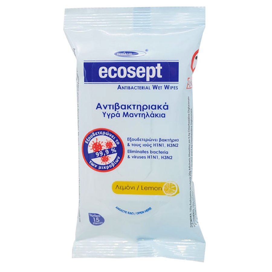 Ecofarm Antibacterial Wet Wipes Lemon Αντιβακτηριακά Υγρά Μαντηλάκια Χεριών με Άρωμα Λεμόνι 15wipes