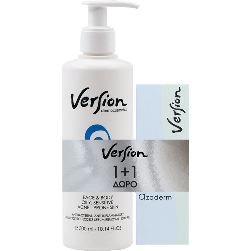 Version Version Promo Azaderm Cleanser Purifying Gel for Face, Body & Oily, Sensitive Acne Prone Skin 300ml & Cream with Azelaic Acid for Sensitive Skin 30ml