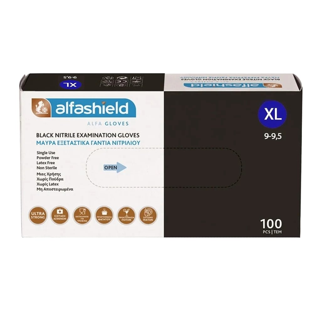 Karabinis Medical AlfaShield Black Nitrile Examination Gloves Μαύρα Εξεταστικά Γάντια Νιτριλίου Χωρίς Πούδρα 100 Τεμάχια - Extra Large