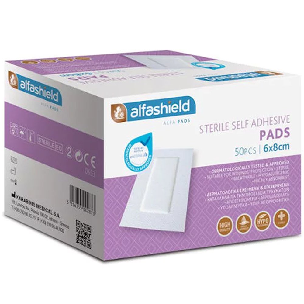 AlfaShield Sterile Self-Adhesive Pads Αποστειρωμένα Αυτοκόλλητα Επιθέματα 50 Τεμάχια – 6x8cm