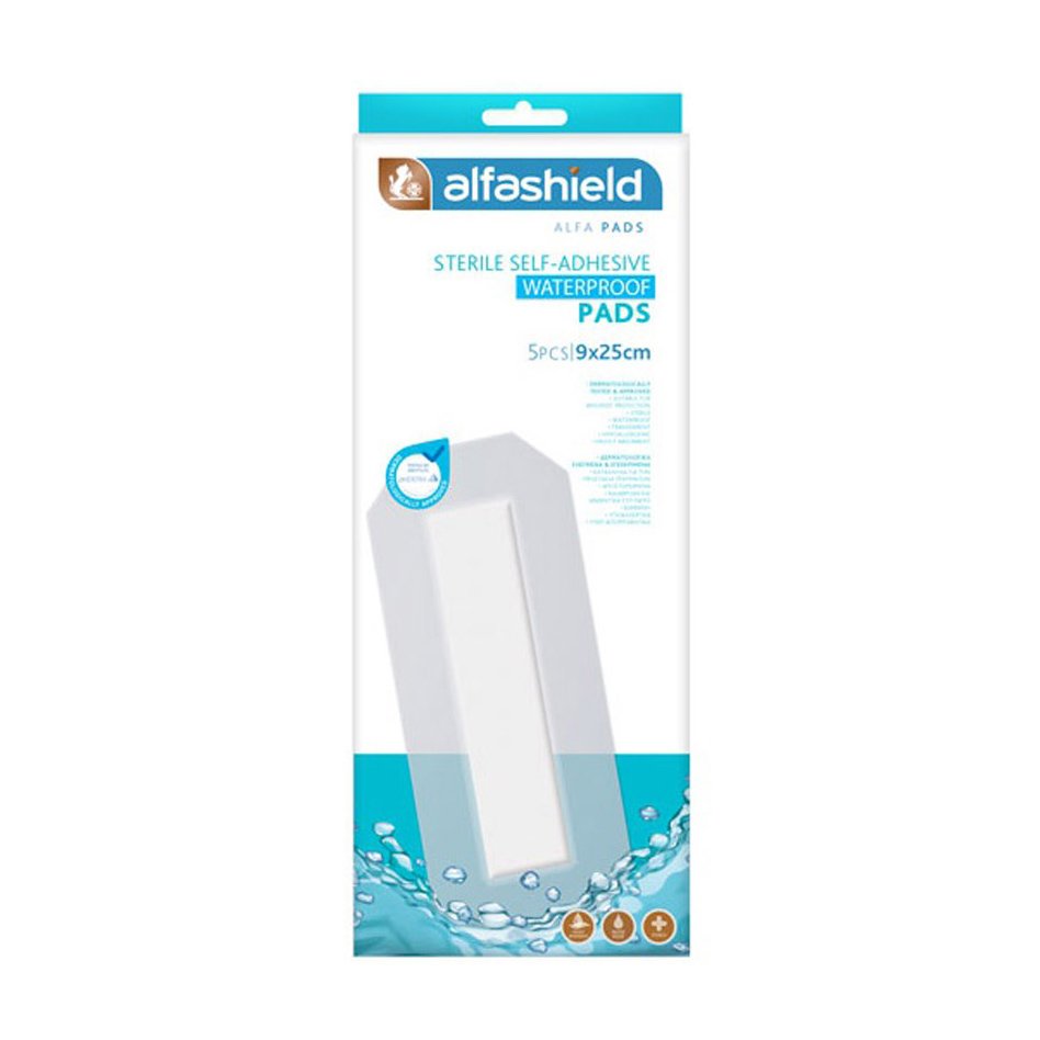 AlfaShield Alfa Pads Sterile Self-Adhesive Waterproof Pads Αποστειρωμένα Αυτοκόλλητα Αδιάβροχα Επιθέματα 9x25cm, 5 Τεμάχια