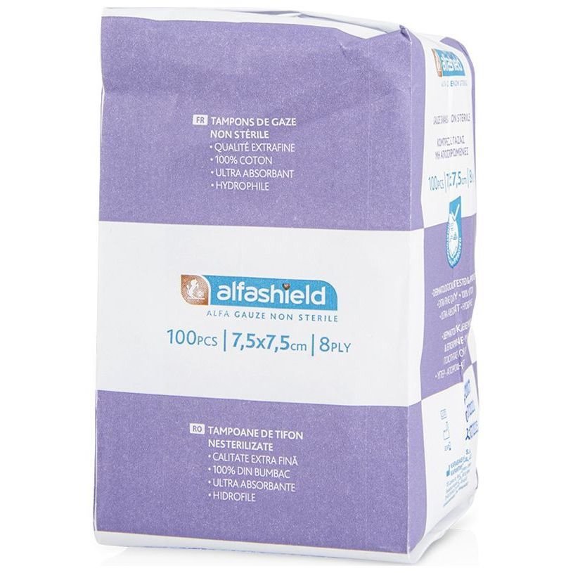 AlfaShield Γάζα μη Αποστειρωμένη Απλή 7.5cm x 7.5cm 8ply 100 Τεμάχια