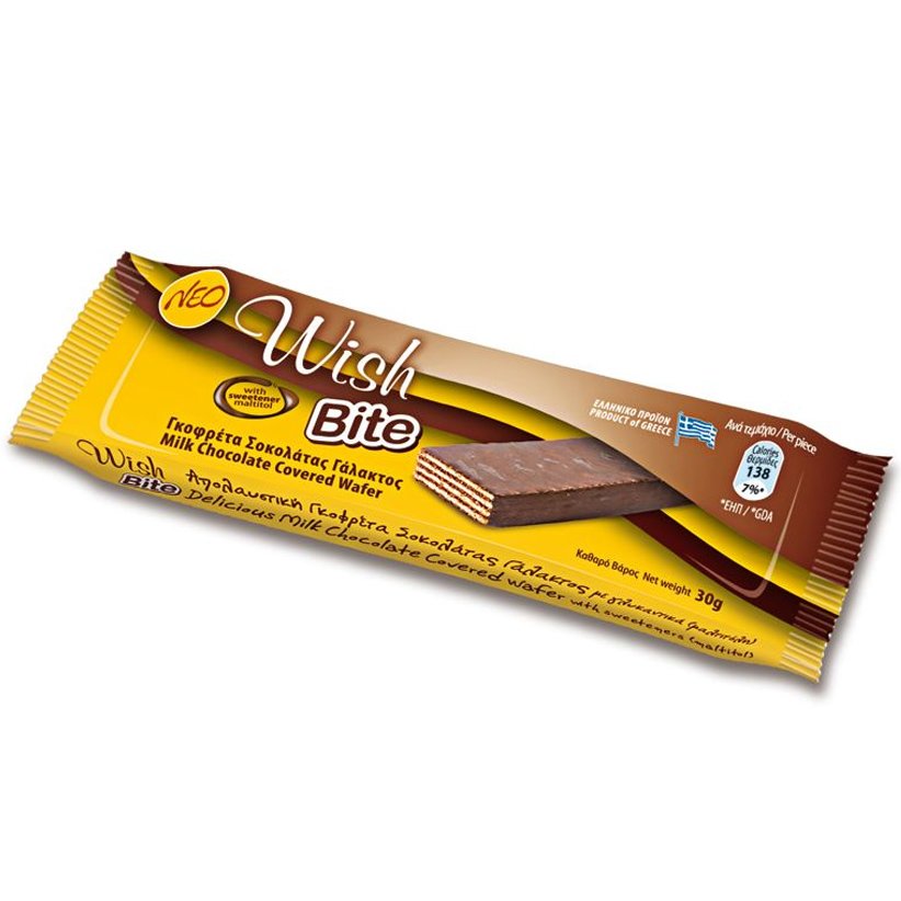 Wish Bite Milk Chocolate Covered Wafer Γκοφρέτα Σοκολάτας Γάλακτος Χωρίς Προσθήκη Ζάχαρης 30g