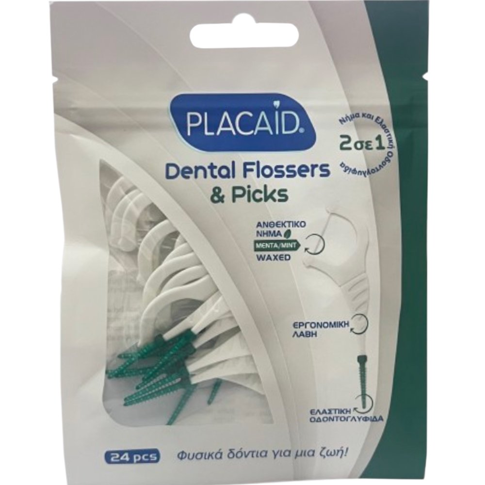 Plac Aid Plac Aid Waxed Mint Dental Flossers & Picks Οδοντικό Ανθεκτικό Νήμα με Γεύση Μέντα & Ελαστική Οδοντογλυφίδα 2 σε 1 - 24 Τεμάχια