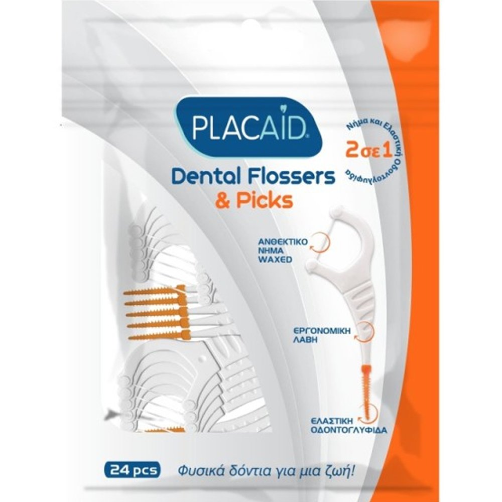 Plac Aid Plac Aid Waxed Dental Flossers & Picks Οδοντικό Ανθεκτικό Νήμα με Επίστρωση από Κερί & Ελαστική Οδοντογλυφίδα 2 σε 1 - 24 Τεμάχια