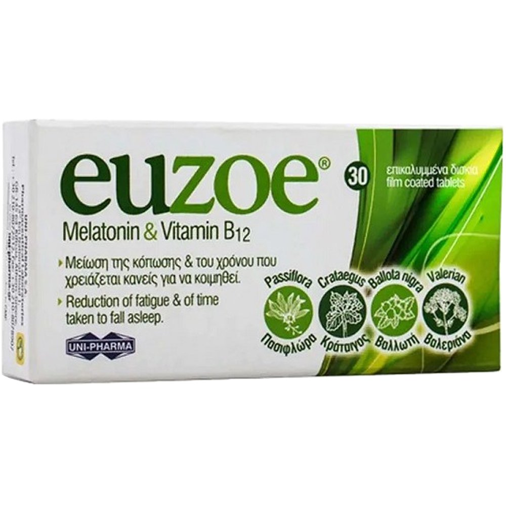 Uni-Pharma Euzoe Melatonin & Vitamin B12 Συμπλήρωμα Διατροφής με Μελατονίνη, Βιταμίνη Β12 & Εκχυλίσματα Διάφορων Βοτάνων που Ευνοούν τον Γρηγορότερο & πιο Βαθύ Ξεκούραστο Ύπνο 30tabs