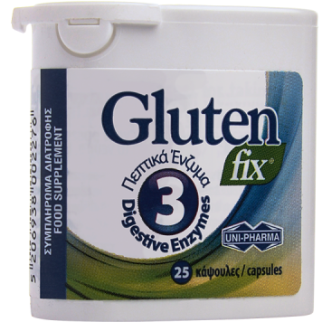 Uni-Pharma Uni-Pharma Gluten Fix, Συμπλήρωμα Διατροφής που Υποστηρίζει τη Διαδικασία της Πέψης με 3 Πεπτικά Ένζυμα 25κάψουλες