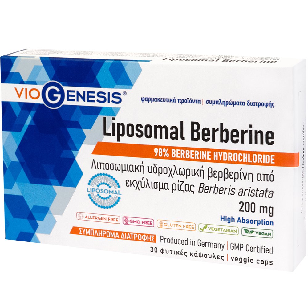 Viogenesis Liposomal Berberine 200mg Συμπλήρωμα Διατροφής Λιποσωμιακής Βερβερίνης από Εκχύλισμα Ρίζας Berberis Aristata για Υποστήριξη της Μεταβολικής Υγείας, Βελτίωση του Λιπιδαιμικού Προφίλ & Αποδοτικότερη Διαχείριση Βάρους 30caps