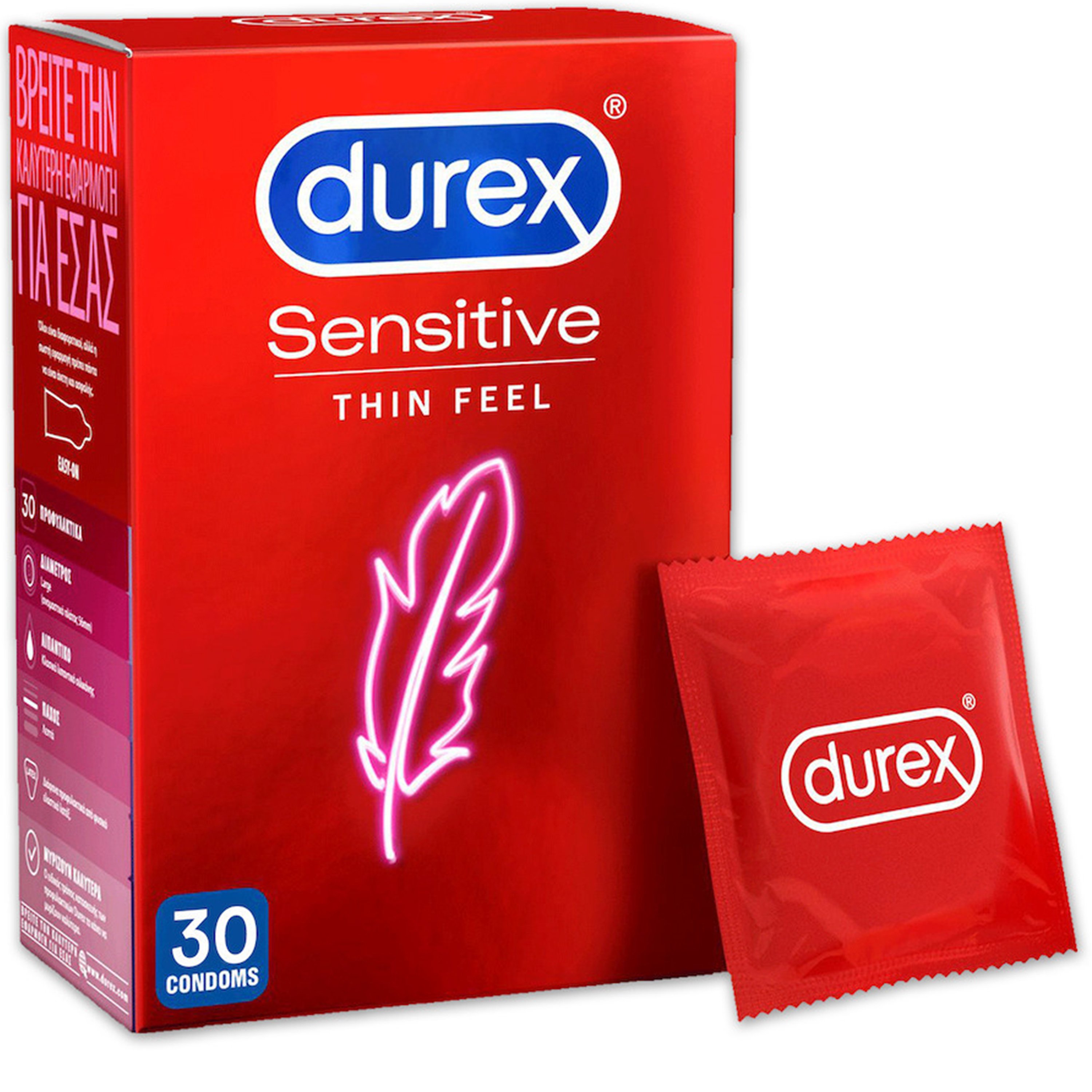 Durex Sensitive Thin Feel Condoms Λεπτά Προφυλακτικά για Καλύτερη Αίσθηση 30 Τεμάχια
