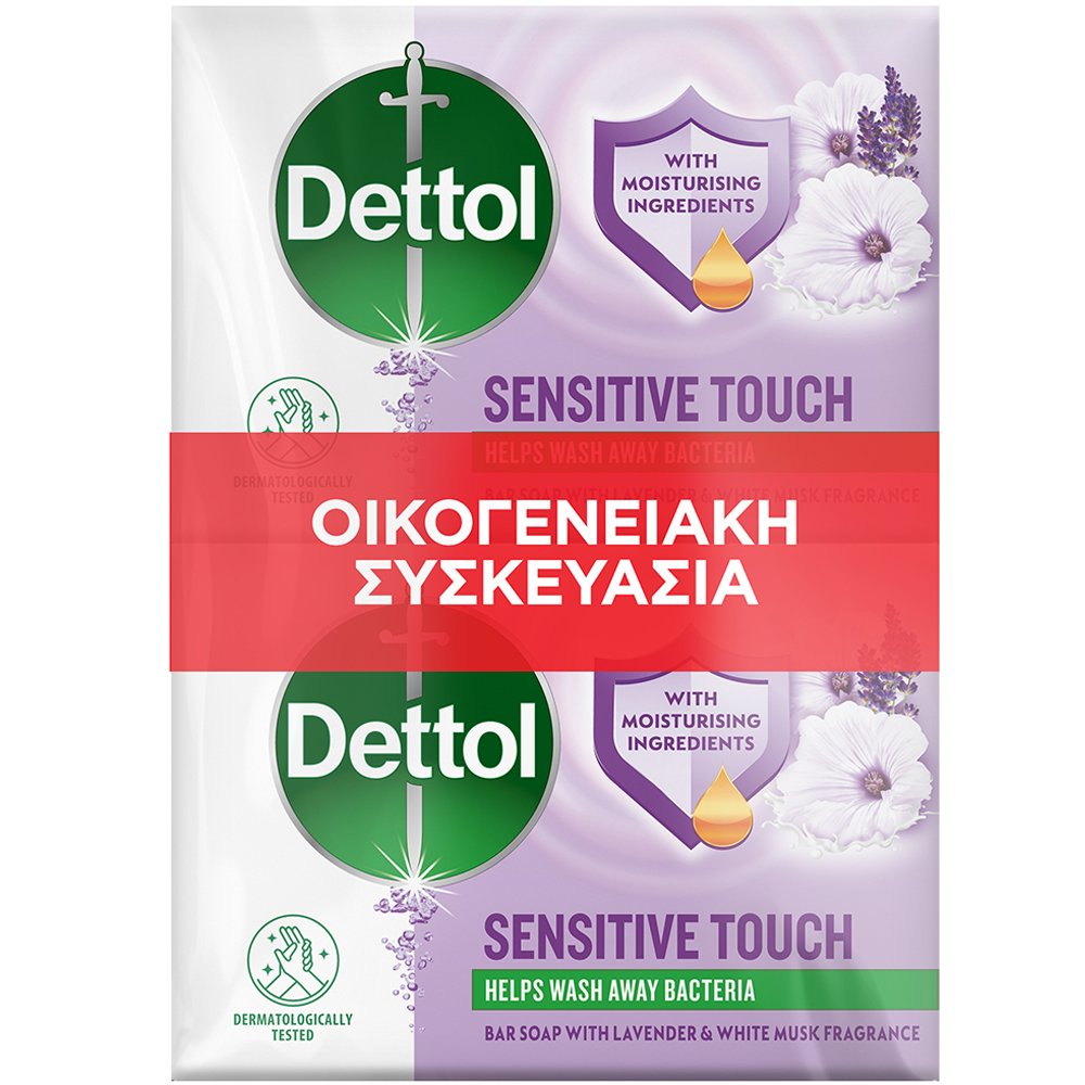 Dettol Promo Sensitive Touch Lavender & White Musk Bar Soap Σαπούνι για Ευαίσθητες Επιδερμίδες σε Μορφή Μπάρας Κατά των Βακτηρίων με Άρωμα Λεβάντας & Λευκού Μόσχου 4x85g