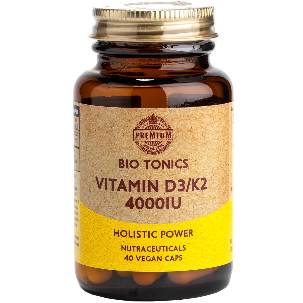 Bio Tonics Vitamin D3 4000IU & K2 90μg Συμπλήρωμα Διατροφής Βιταμίνης D3 & K2 για Μέγιστη Απορρόφηση για την Καλή Υγεία Οστών, Δοντιών, Ανοσοποιητικού & Αιμοποίησης 40veg.caps