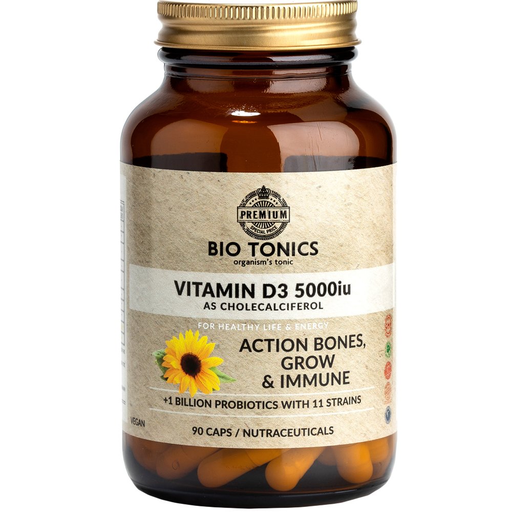 Bio Tonics Bio Tonics Vitamin D3 5000IU wih Probiotics Συμπλήρωμα Διατροφής Βιταμίνης D3 & Μείγματος Προβιοτικών για Καλύτερη Απορρόφηση για την Καλή Υγεία Οστών, Δοντιών & Ανοσοποιητικού 90caps