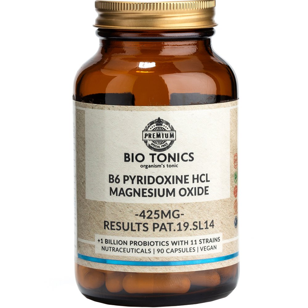 Bio Tonics Bio Tonics Vitamin B6 25mg & Magnesium 400mg Συμπλήρωμα Διατροφής Βιταμίνης Β6 & Μαγνησίου για την Καλή Λειτουργία του Νευρικού & Μυϊκού Συστήματος & Καλύτερη Διαχείριση του Άγχους 90caps