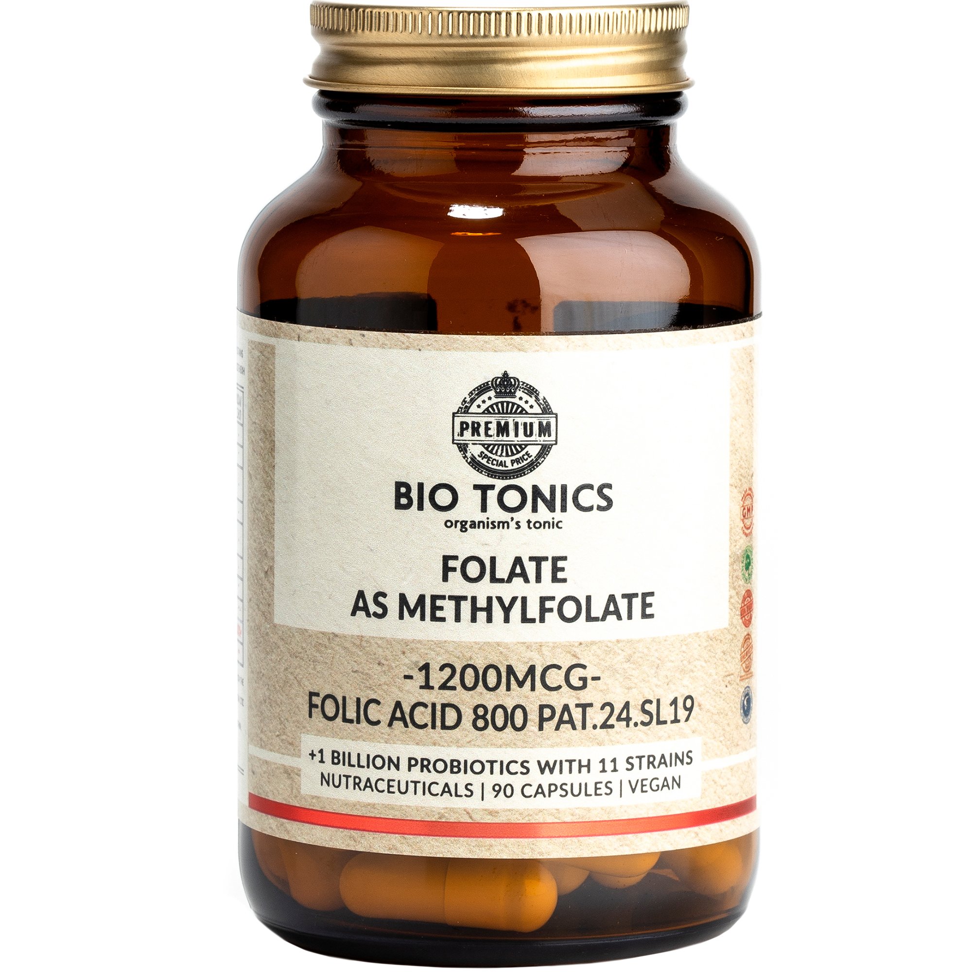 Bio Tonics Bio Tonics Folate 1200μg Συμπλήρωμα Διατροφής Φολικού Οξέος ως Μεθυλοφολικό Οξύ για Μέγιστη Απορρόφηση σε Συνδυασμό με Προβιοτικά Στελέχη για την Υποστήριξη της Υγιούς Ανάπτυξης του Μητρικού Ιστού Κατά την Εγκυμοσύνη 90caps