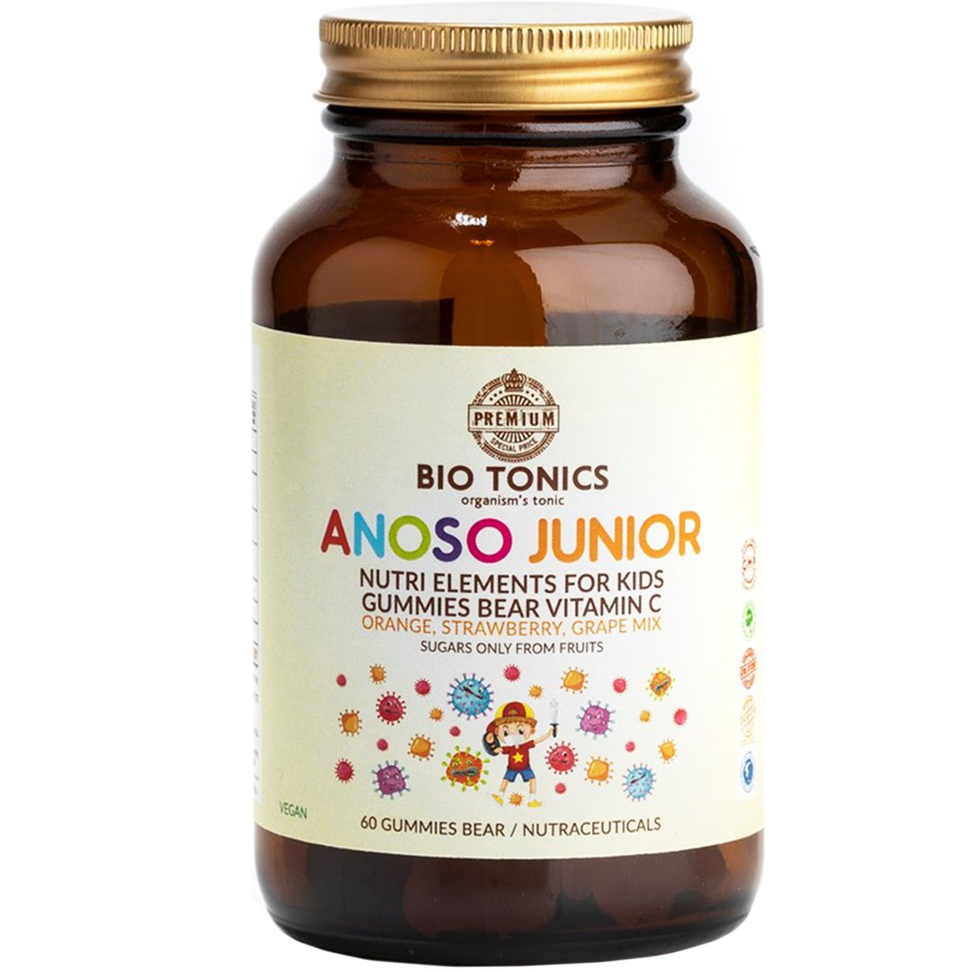 Bio Tonics Bio Tonics Anoso Junior Vitamin C 60mg, Συμπλήρωμα Διατροφής με Βιταμίνη C για Αντιμετώπιση των Συμπτωμάτων του Κοινού Κρυολογήματος & Ενίσχυση του Ανοσοποιητικού για Παιδιά από 3 Ετών με Γεύση Φράουλα, Πορτοκάλι & Σταφύλι 60 Ζελεδάκια