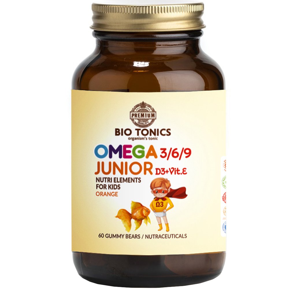 Bio Tonics Bio Tonics Junior Omega 3/6/9 with Vitamin D3 & E Συμπλήρωμα Διατροφής με Ωμέγα 3/6/9 Λιπαρά Οξέα & Βιταμίνες D3 & E για Σωστή Ανάπτυξη Εγκεφάλου, Όρασης, Καρδίας & Ενίσχυση του Ανοσοποιητικού για Παιδιά από 3 Ετών με Γεύση Πορτοκάλι 60 Ζελεδάκια