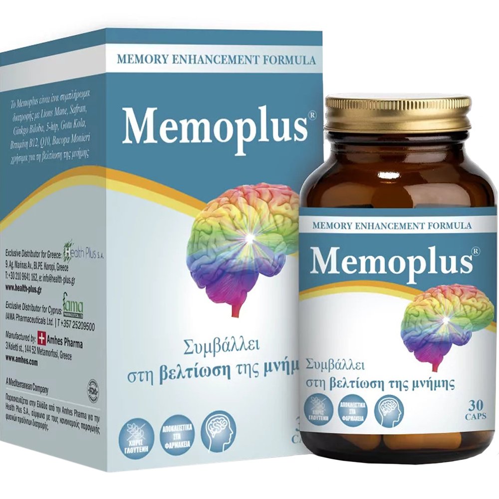 Health-Plus Health-Plus Memoplus Συμπλήρωμα Διατροφής Εκχυλίσματος Βοτάνων με 5-HTP, DMAE, Βιταμίνη Β12 & Συνένζυμο Q10 για Ενίσχυση της Μνήμης & Αποδοτικότερη Σκέψη 30caps