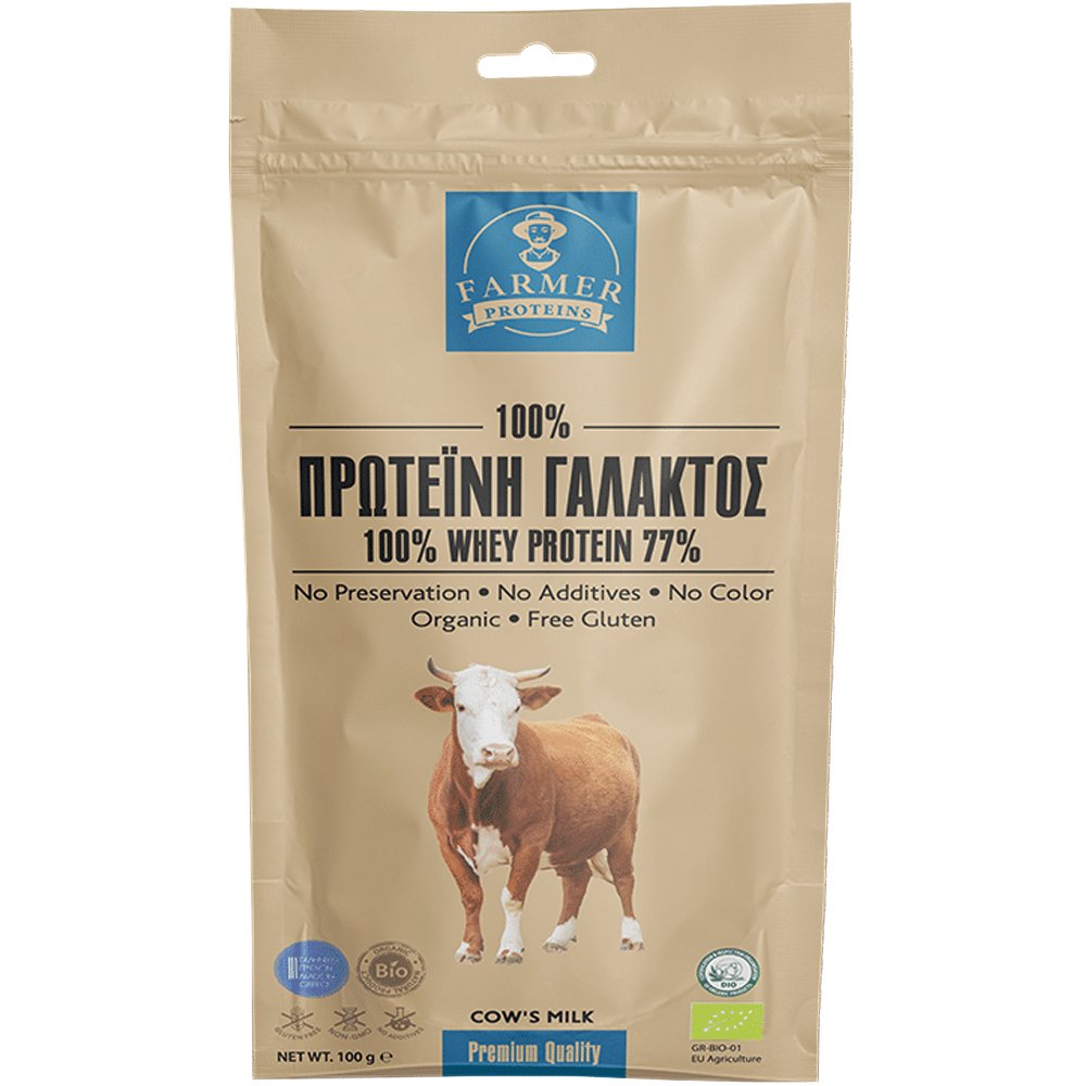 Farmer Proteins Farmer Proteins Whey Protein Isolate 77% Συμπλήρωμα Διατροφής Πρωτεΐνης Ορού Βιολογικού Αγελαδινού Γάλακτος Υψηλής Ποιότητας & Βιοδιαθεσιμότητας για Ενίσχυση, Ενέργεια, & Γράμμωση με Οργανικής Προέλευσης Βιταμίνες, Μέταλλα & Αντιοξειδωτικά 100g