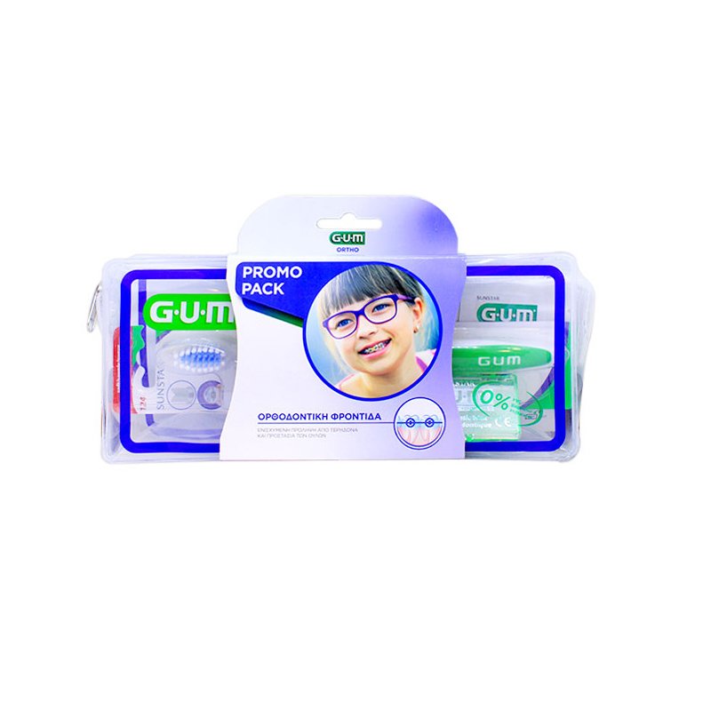 Gum Ortho Care Kit with Orthodontic Toothbrush 1pc, Ortho Pre-cut Wax 1pc, AftaClear Gel 2x2ml, Ortho Floss 3 in 1, 5pcs – γαλάζιο