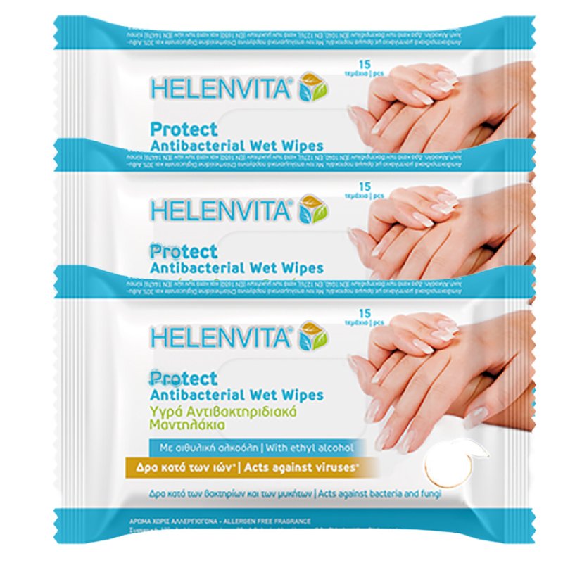 Helenvita Πακέτο Προσφοράς Protect Antibacterial Wet Wipes Υγρά Αντιβακτηριδιακά Μαντηλάκια 3x15wipes 2+1 Δώρο