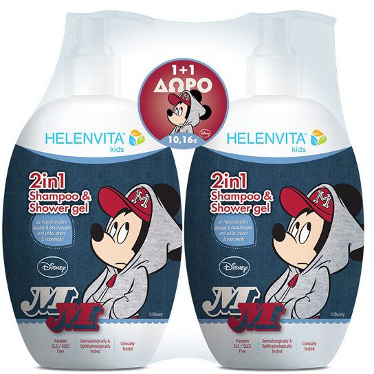 Helenvita Kids Mickey Mouse 2 in 1 Shampoo & Shower Gel Παιδικό Ήπιο Σαμπουάν & Αφρόλουτρο με Υπέροχο Άρωμα 1+1 Δώρο 2x500ml