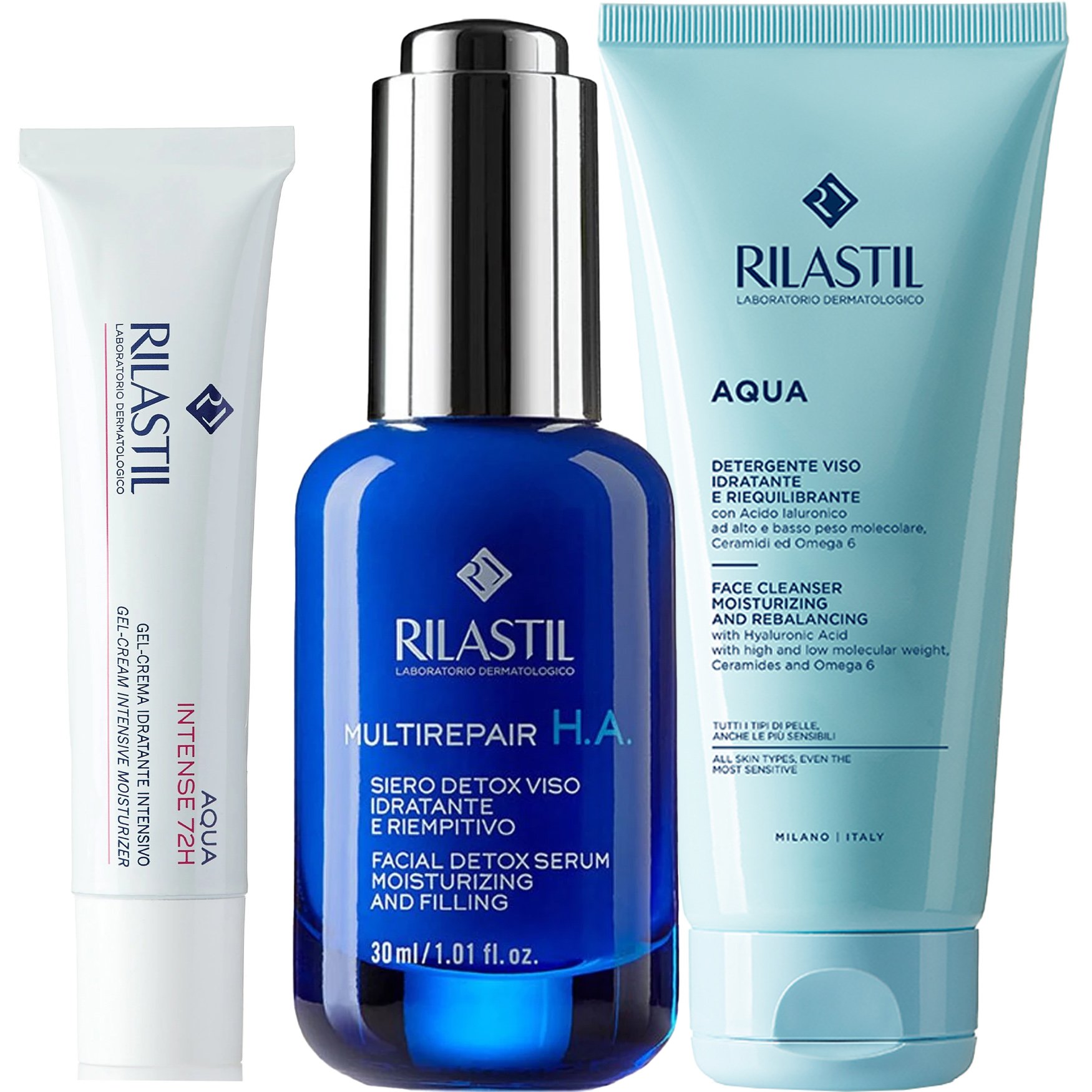 Rilastil Promo Multirepair H.A. Facial Detox Serum 30ml & Aqua Intense 72h Gel-Cream Intensive Moisturizer 15ml & Aqua Face Cleanser 50ml
