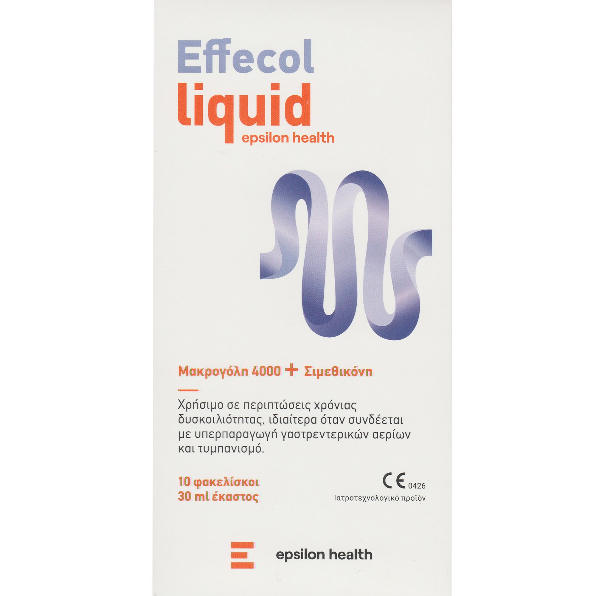 EPSILON HEALTH Epsilon Health Effecol Liquid Συμπλήρωμα Διατροφής Μακρογόλης & Σιμεθικόνης για την Αντιμετώπιση της Δυσκοιλιότητας, Γαστρεντερικών Αερίων & Τυμπανισμού με Γεύση Πορτοκάλι 300ml (30ml x 10 Sachets)