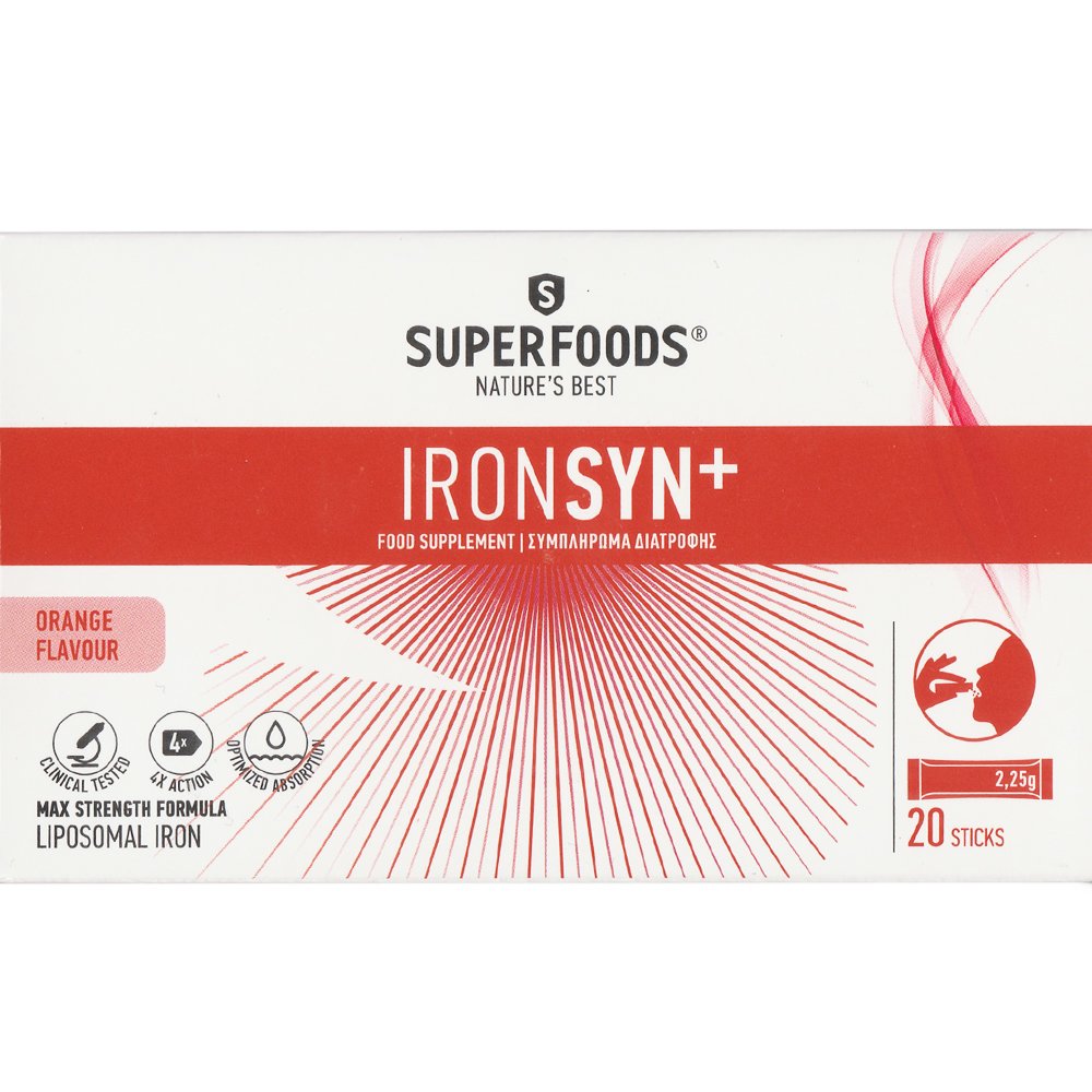 Superfoods Superfoods Ironsyn+ Συμπλήρωμα Διατροφής Λιποσωμιακού Σιδήρου, Βιταμινών & Προβιοτικών για την Αντιμετώπιση της Σιδηροπενίας Κατά της Κούρασης & Κόπωσης με Γεύση Πορτοκάλι 20Sticks