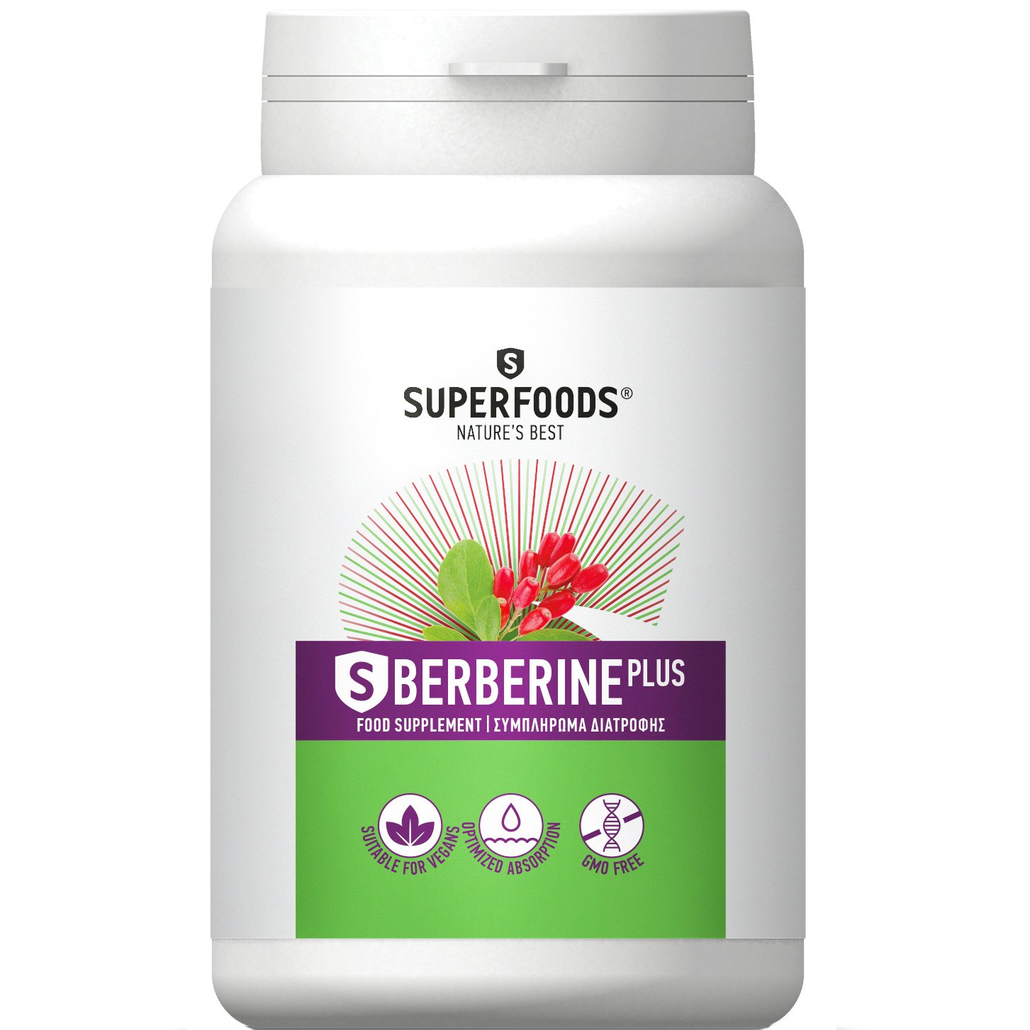 Superfoods Superfoods S Berberine Plus Συμπλήρωμα Διατροφής με Βερβερίνη για την Ρύθμιση της Γλυκόζης, την Υποστήριξη του Μεταβολισμού & την Αποτελεσματική Διαχείριση Βάρους 90caps