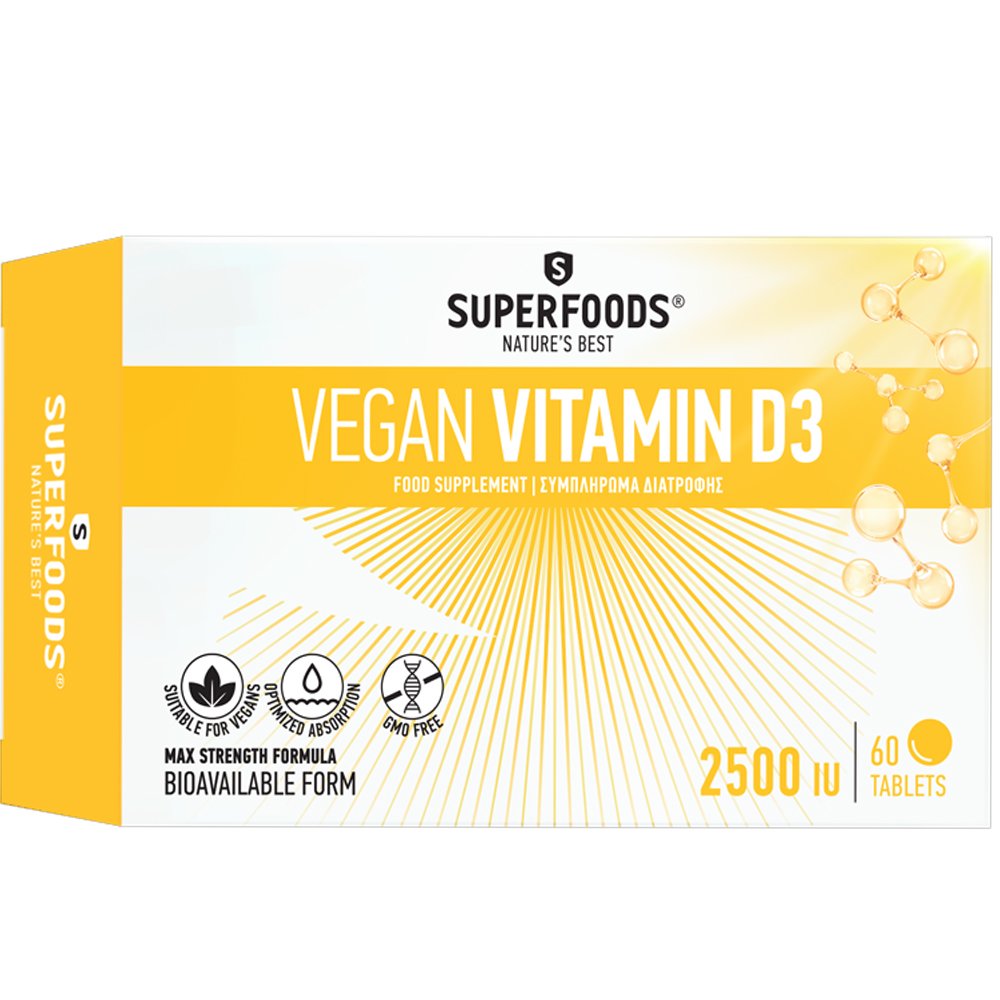 Superfoods Vegan Vitamin D3 2500 IU Συμπλήρωμα Διατροφής Βιταμίνης D3 Κατάλληλη για Αυστηρά Χορτοφάγους & τη Διατήρηση της Φυσιολογικής Λειτουργίας του Ανοσοποιητικού Συστήματος, των Οστών & των Μυών 60tabs
