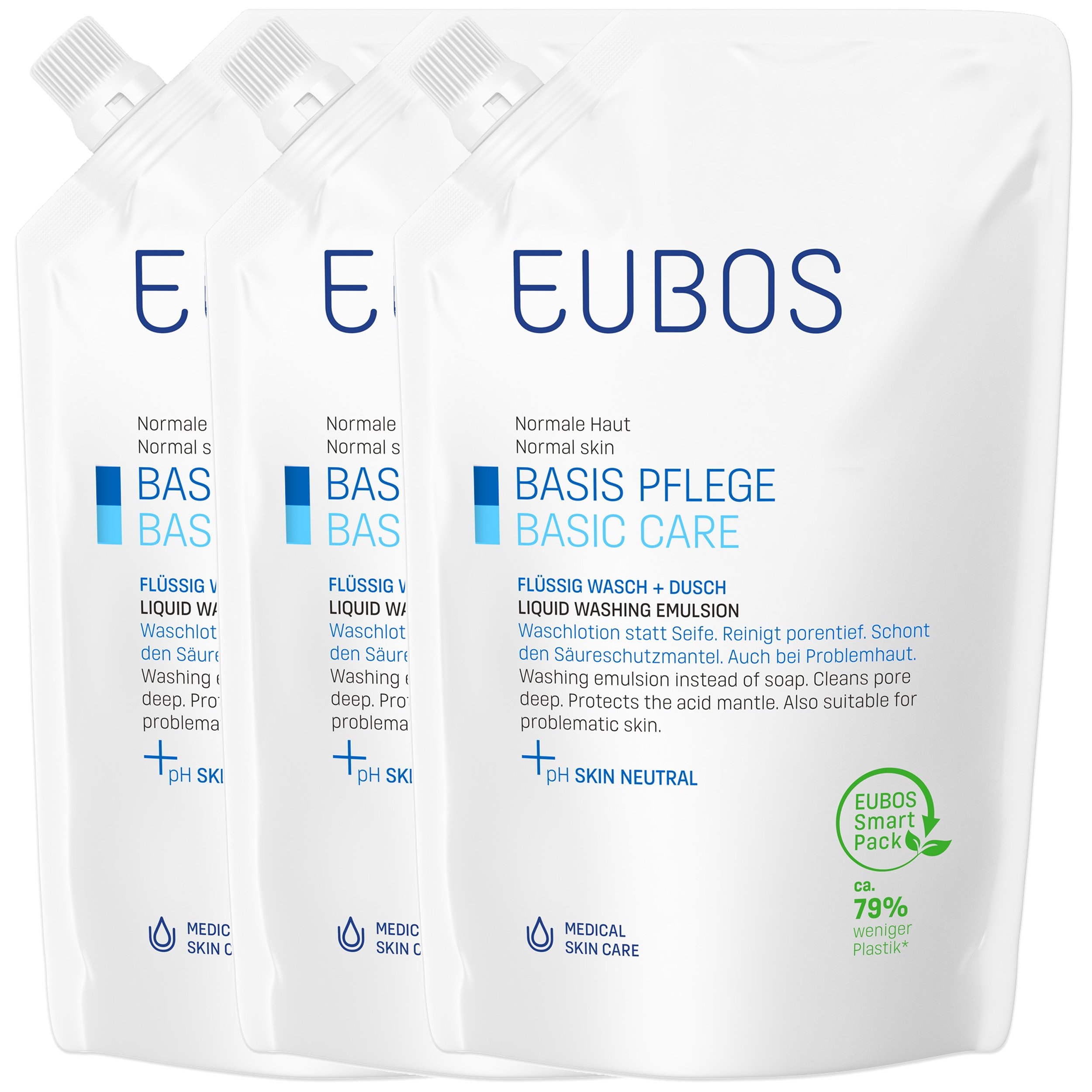 Eubos Πακέτο Προσφοράς Basic Care Blue Liquid Washing Emulsion Refill pH Skin Neutral Υγρό Καθαρισμού Προσώπου & Σώματος με Ουδέτερο pH 3x400ml