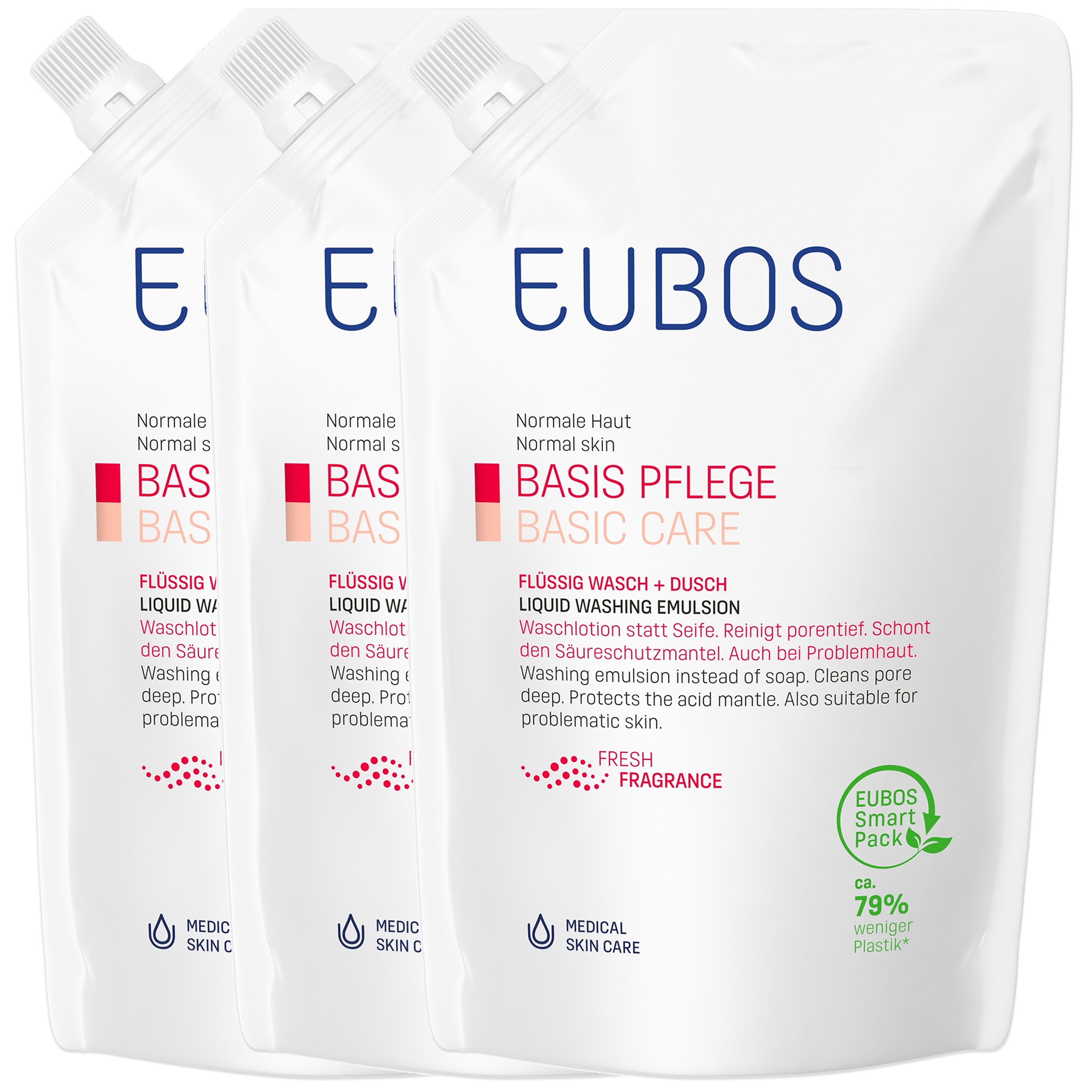 Eubos Πακέτο Προσφοράς Basic Care Red Liquid Washing Emulsion Refill Fresh Fragrance Υγρό Καθαρισμού Προσώπου & Σώματος με Άρωμα Φρεσκάδας 3x400ml