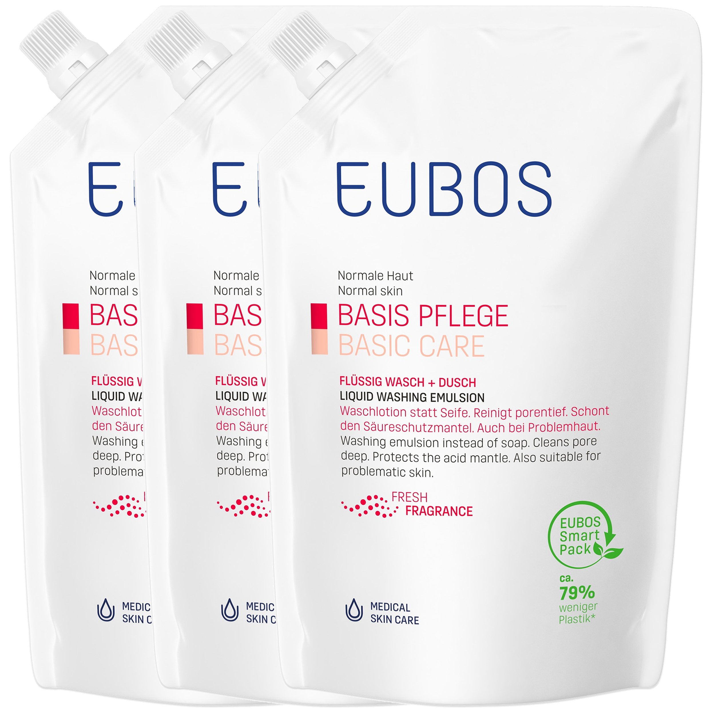 Eubos Πακέτο Προσφοράς Basic Care Red Liquid Washing Emulsion Refill Fresh Fragrance Υγρό Καθαρισμού Προσώπου & Σώματος με Άρωμα Φρεσκάδας 3x400ml
