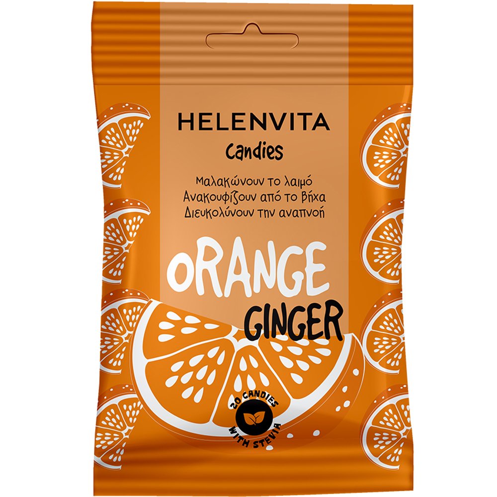 Helenvita Orange & Ginger Sore Throat & Cough Candies Συμπλήρωμα Διατροφής με Βιταμίνες για Ενίσχυση του Ανοσοποιητικού που Καταπραΰνουν Άμεσα τον Ερεθισμένο Λαιμό & Ανακουφίζουν από το Βήχα με Γεύση Πορτοκάλι Τζίντζερ 20 Τεμάχια