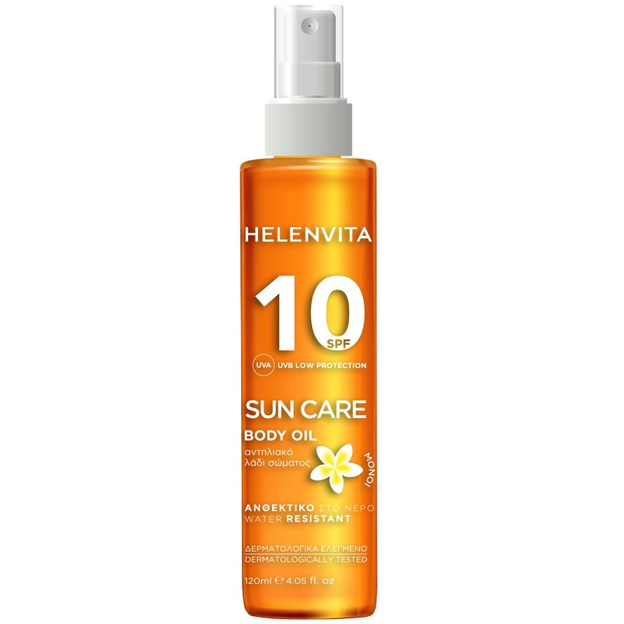 Helenvita Sun Care Spf10 Body Oil Αδιάβροχο, Αντηλιακό Λάδι Σώματος Χαμηλής Προστασίας με Υπέροχο Άρωμα Monoi 120ml