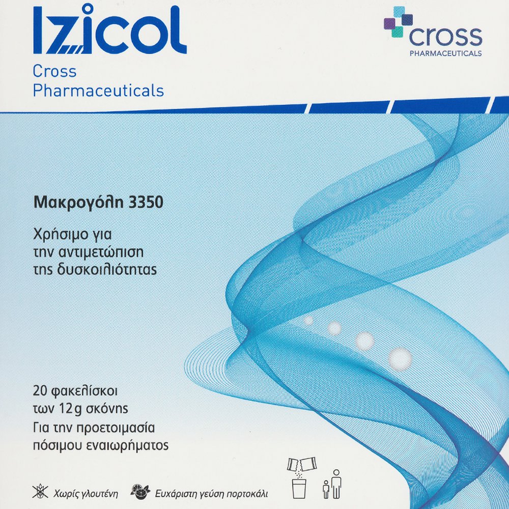 Cross Pharmaceuticals Cross Izicol Συμπλήρωμα Διατροφής με Μακρογόλη 3350 για την Αντιμετώπιση της Δυσκοιλιότητας με Γεύση Πορτοκάλι 20 Sachets
