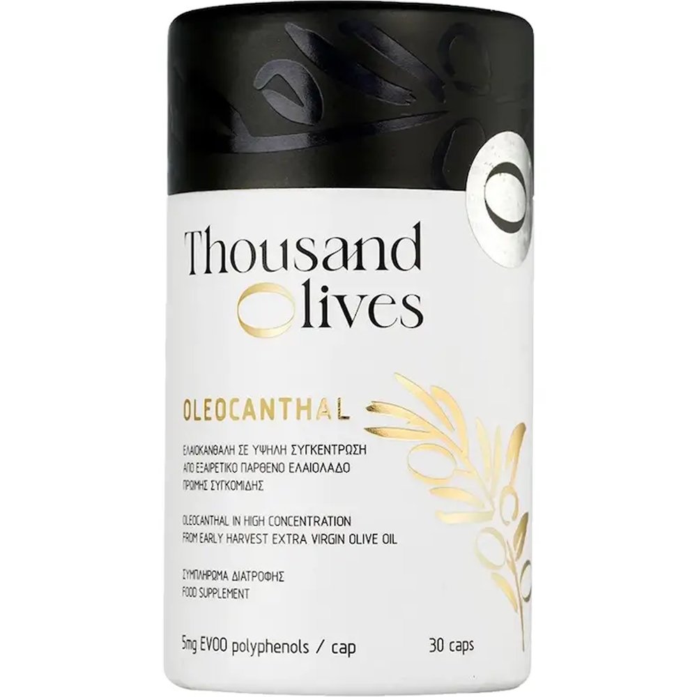 Thousand Olives Oleocanthal Συμπλήρωμα Διατροφής Εκχυλίσματος Εξαιρετικά Παρθένου Ελαιόλαδου Υψηλής Συγκέντρωσης σε Ελαιοκανθάλη & Πολυφαινόλες με Ισχυρές Αντιοξειδωτικές Ιδιότητες για Συνολική Ενίσχυση του Οργανισμού 30caps