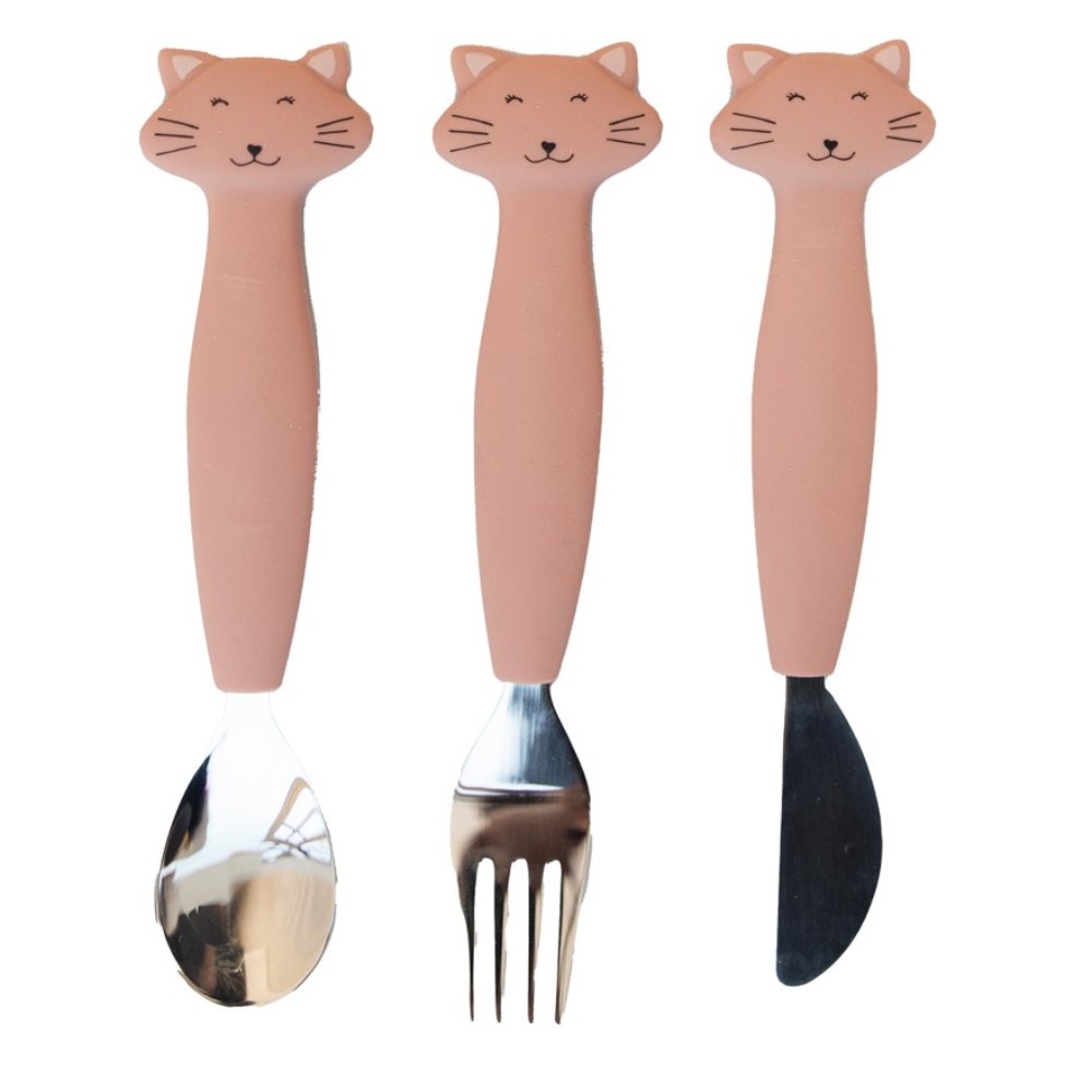 Trixie Trixie Silicone Cutlery Set 12m+, Παιδικό Εκπαιδευτικό Σετ Φαγητού με Κουτάλι, Πιρούνι & Μαχαίρι 3 Τεμάχια - Mrs. Cat