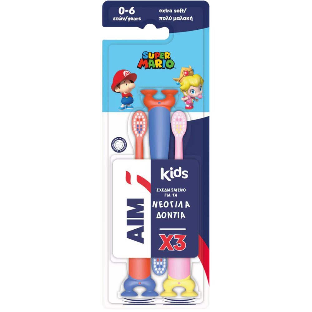 AIM Promo Super Mario Kids 0-6 Years Extra Soft Toothbrush Παιδική Οδοντόβουρτσα με Πολύ Μαλακές Ίνες με Στρογγυλεμένη Κεφαλή 3 Τεμάχια - Ρόζ / Κόκκινο / Μπλέ