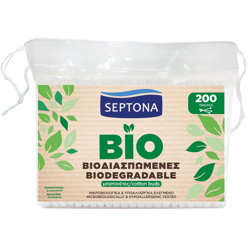 Septona Biodegradable Cotton Buds Βιοδιασπώμενες Μπατονέτες 100% Βαμβάκι 200 Τεμάχια