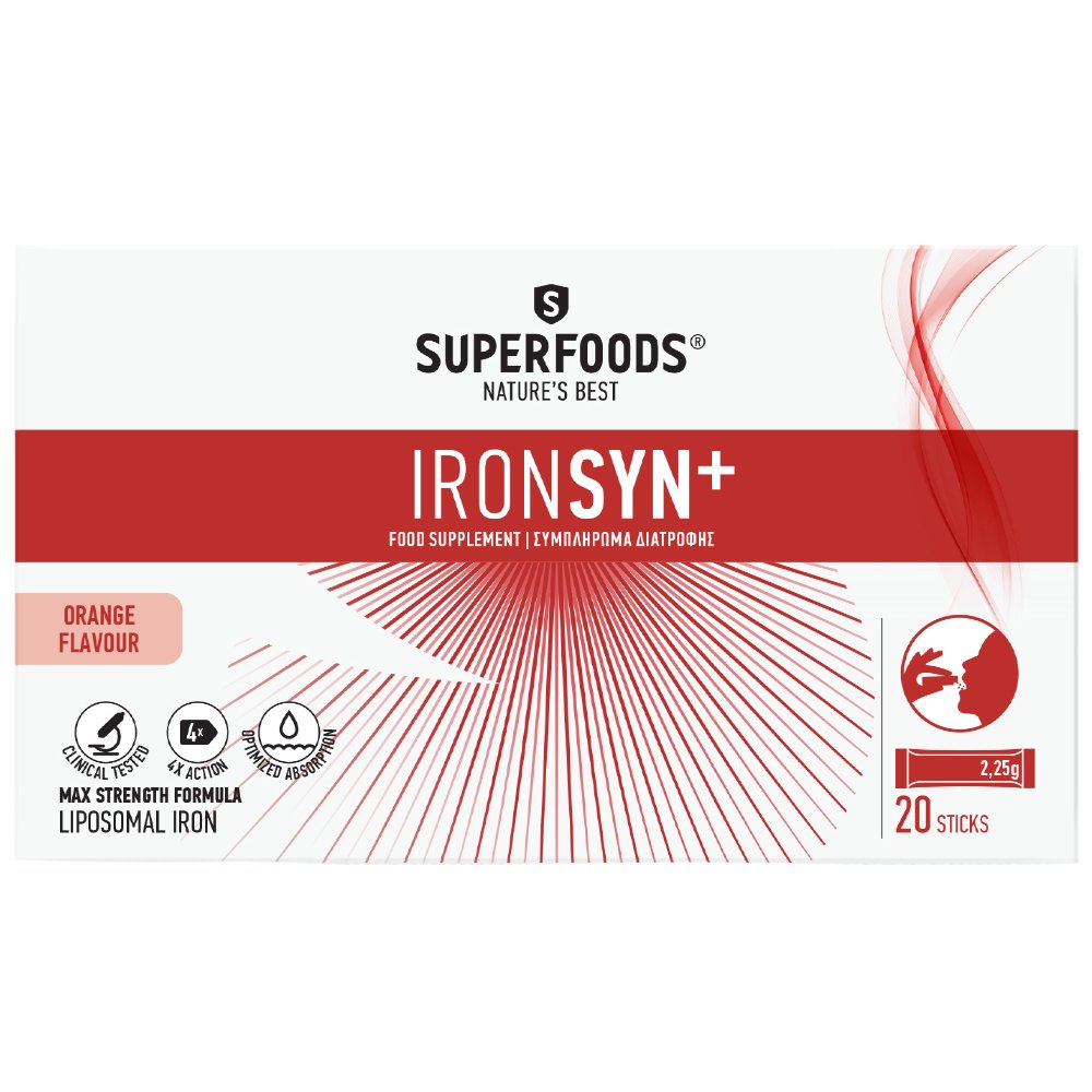 Superfoods Ironsyn+ Συμπλήρωμα Διατροφής Λιποσωμιακού Σιδήρου, Βιταμινών & Προβιοτικών για την Αντιμετώπιση της Σιδηροπενίας Κατά της Κούρασης & Κόπωσης με Γεύση Πορτοκάλι 20Sticks