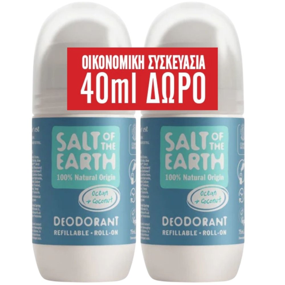 Salt of the Earth Salt of the Earth Promo Ocean & Coconut Roll-On Deodorant Αποσμητικό Roll-On Φυσικής Προέλευσης με Άρωμα Ωκεανού & Καρύδας 150ml (2x75ml)