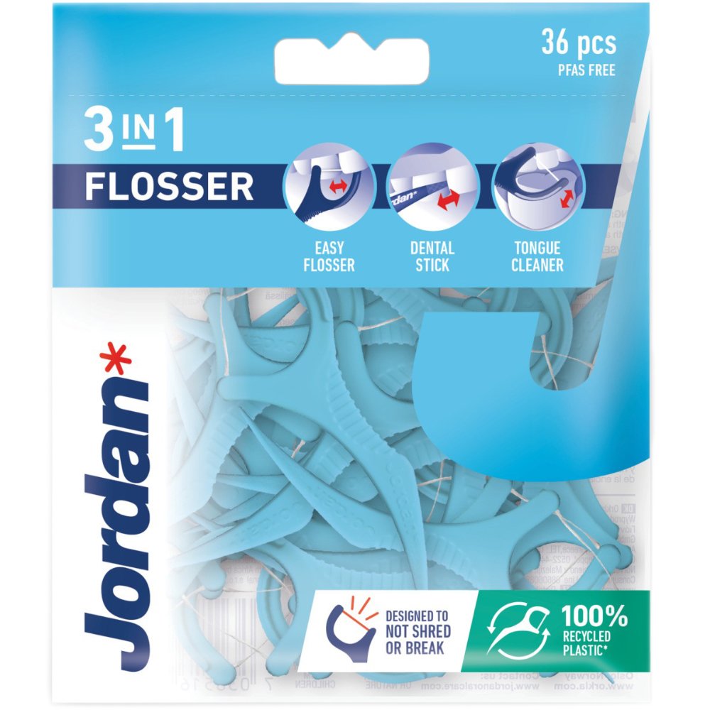 Jordan Flosser 3in1 With Fluoride Protection & Designed Not Shred Or Break Οδοντικό Νήμα με Λαβή για Καθαρισμό Ανάμεσα στα Δόντια & Καθαριστή Γλώσσας σε Γαλάζιο Χρώμα 36 Τεμάχια