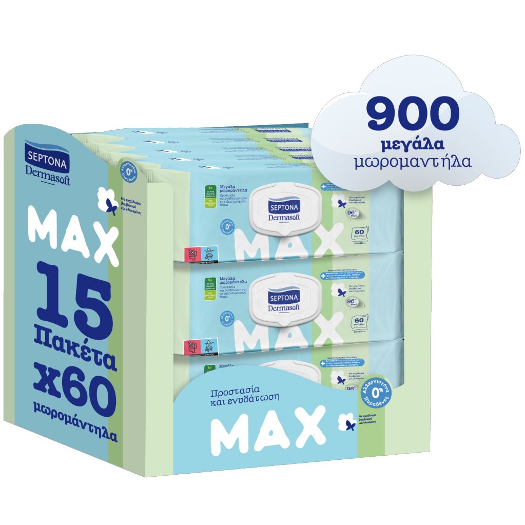 Septona Dermasoft Max Wipes Monthly Pack Μεγάλα Μωρομάντηλα με Εκχύλισμα Βαμβακιού & Γλυκερίνης 900 Τεμάχια