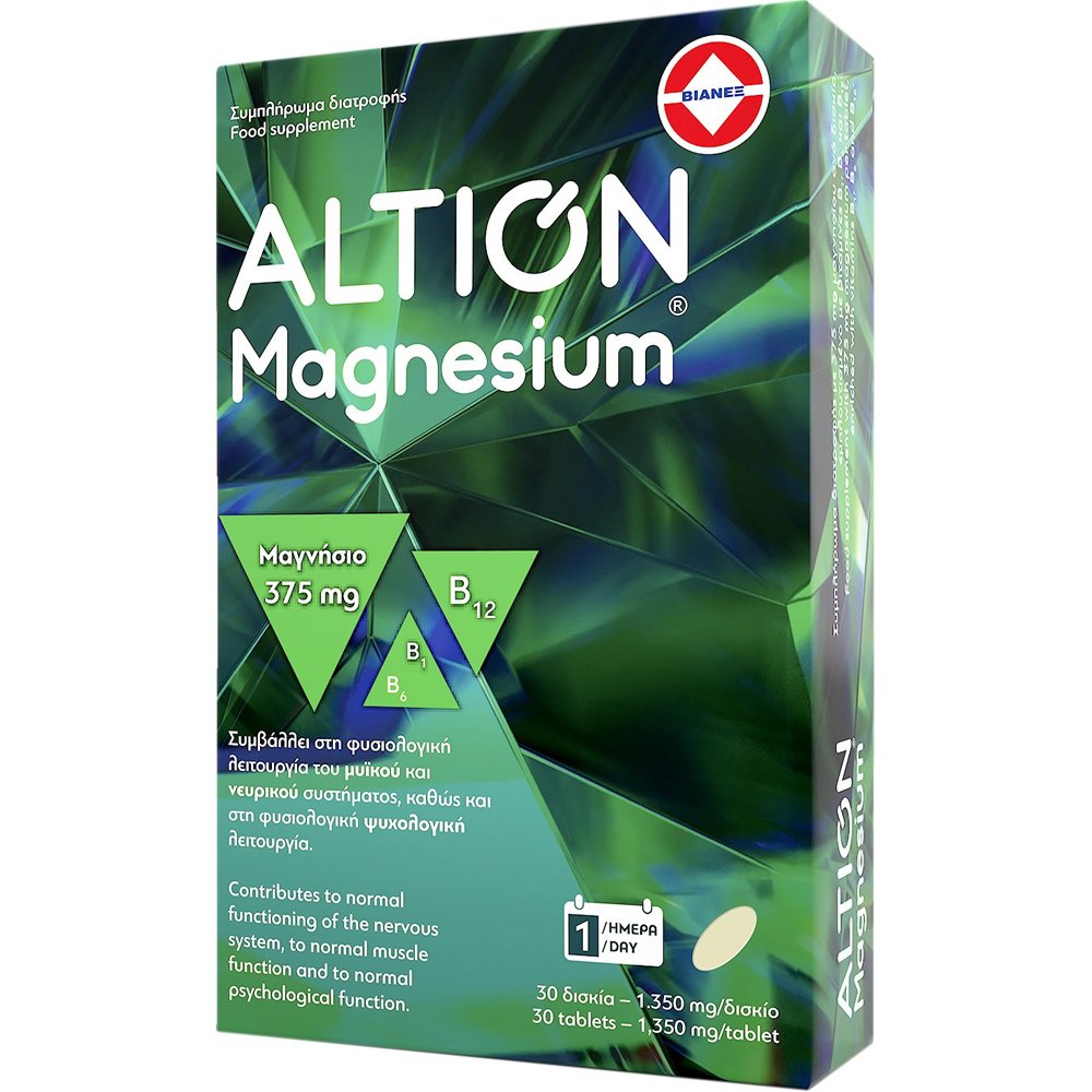 Altion Magnesium Συμπλήρωμα Διατροφής Μαγνησίου & Βιταμινών Β1, Β6 & Β12 για την Καλή Λειτουργιά του Μυϊκού & Νευρικού Συστήματος 375mg, 30tabs 38972