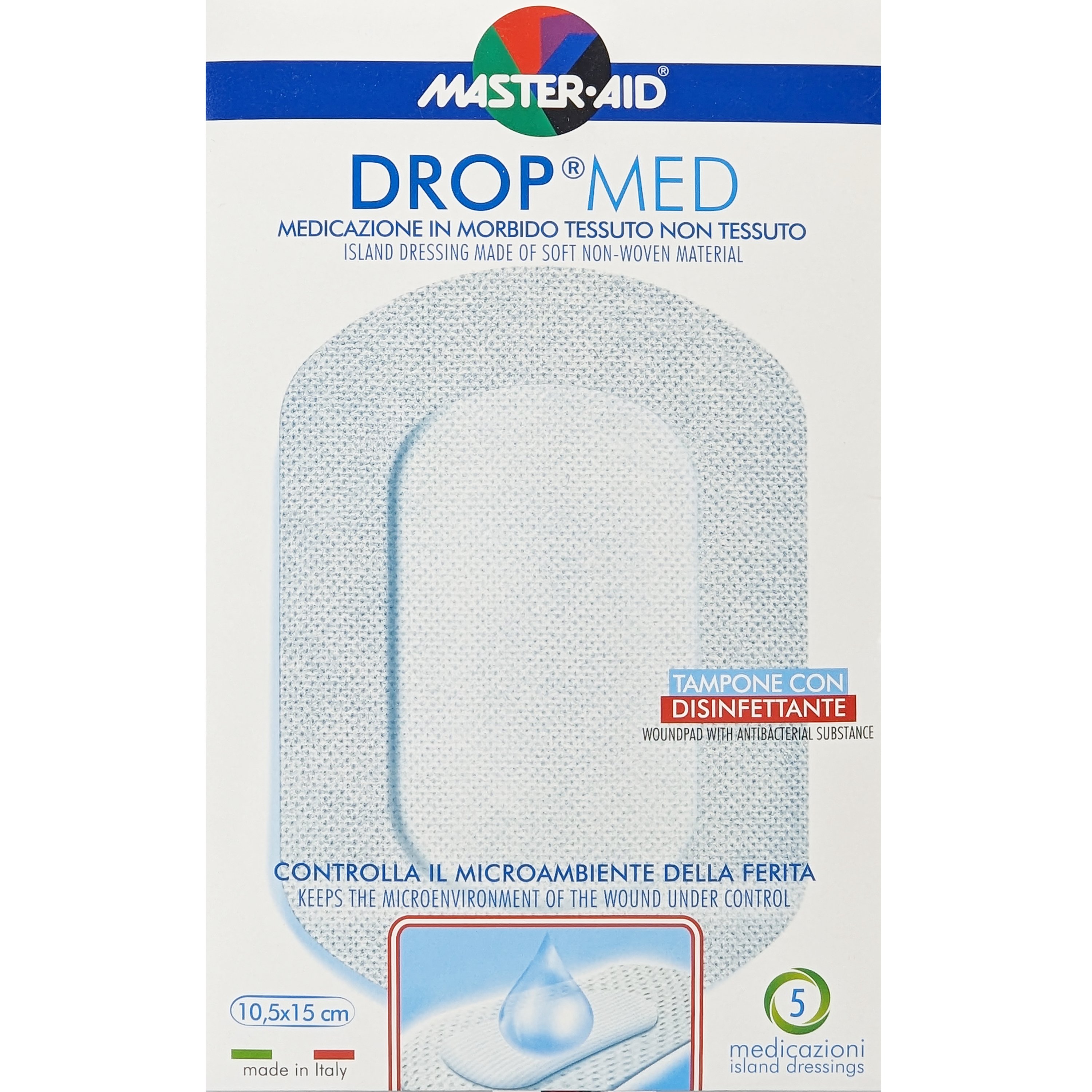 Master Aid Drop Med Woundpad with Antibacterial Substance 10.5x15cm Αυτοκόλλητες, Αντικολλητικές Γάζες Εμποτισμένες με Απολυμαντικό 5 Τεμάχια