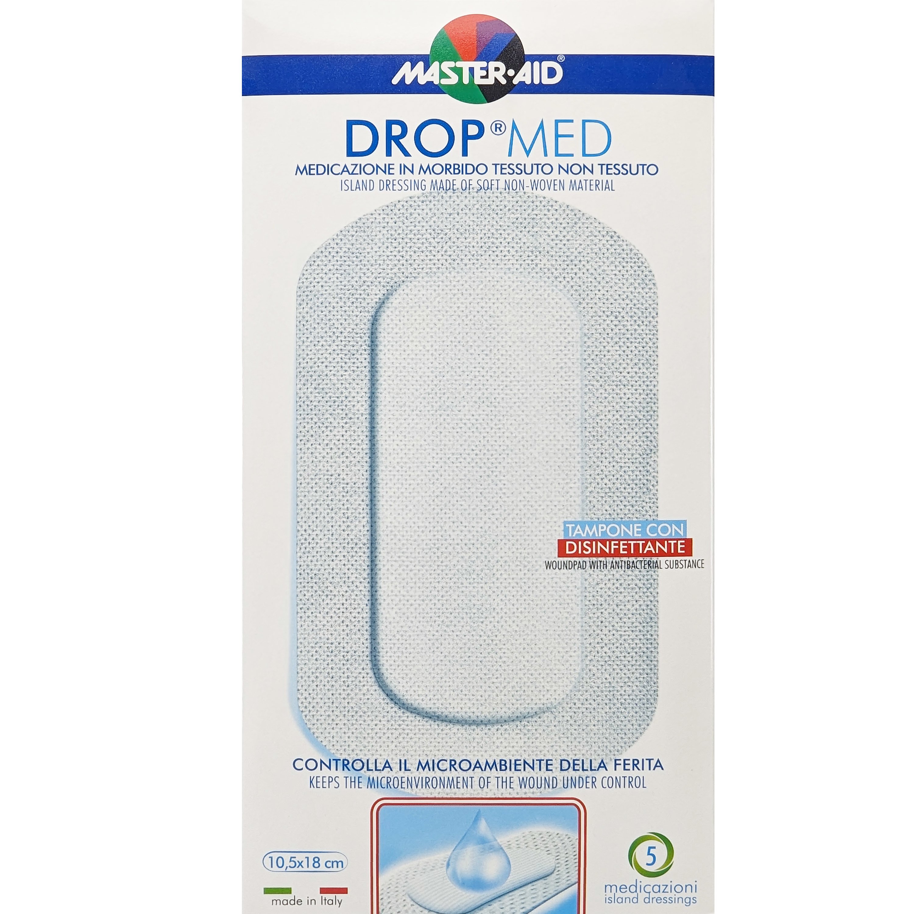 Master Aid Drop Med Woundpad with Antibacterial Substance 10.5x18cm Αυτοκόλλητες, Αντικολλητικές Γάζες Εμποτισμένες με Απολυμαντικό 5 Τεμάχια